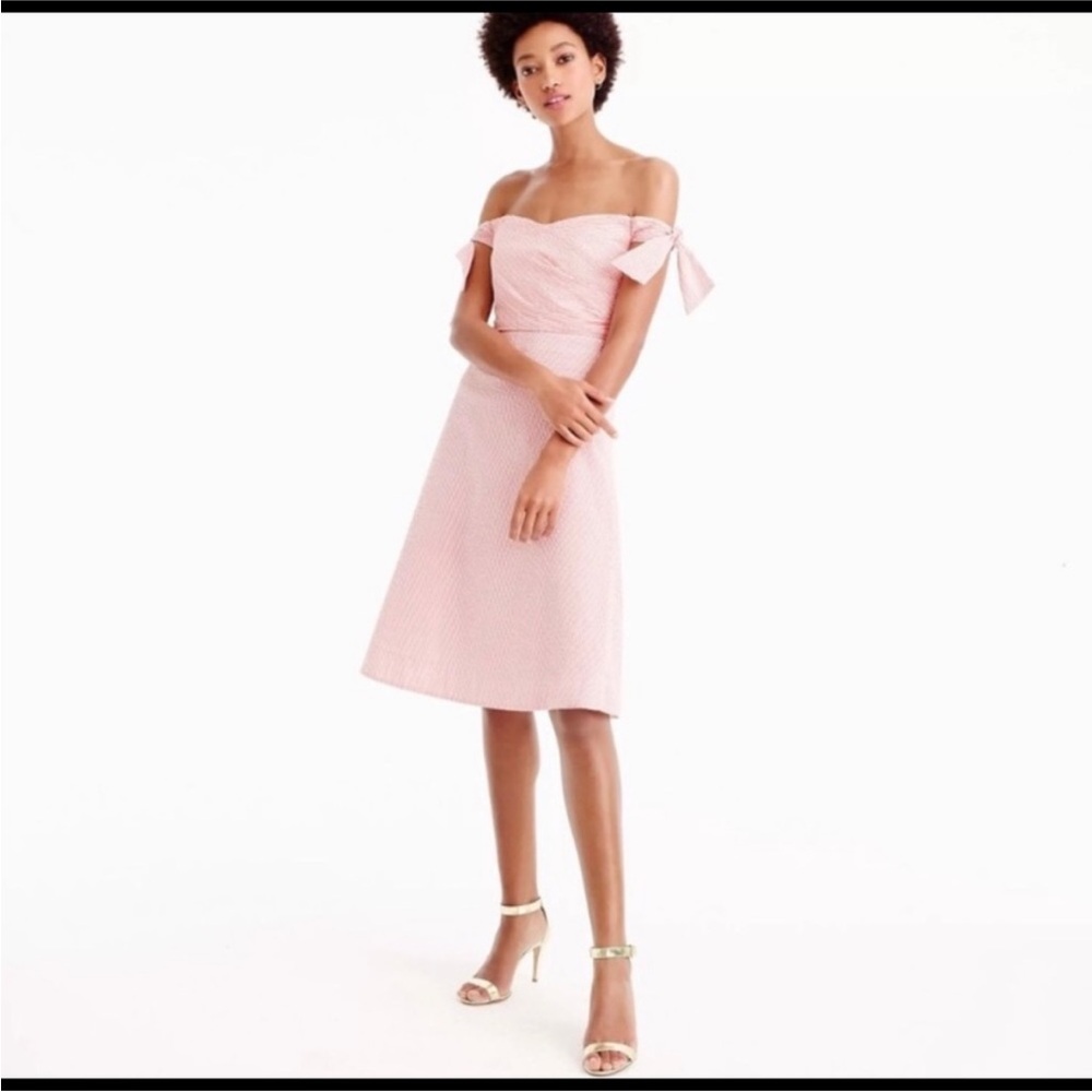 J Crew seersucker off the shoulder pink and white dress